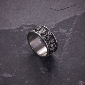 Stainless Steel Polished & Antiqued Celtic Cross Design Wedding Band Ring